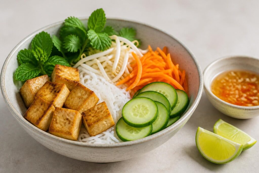 découvrez notre recette de bobun végétarien maison avec une sauce légère et adaptée, idéale pour un plat savoureux et équilibré.
