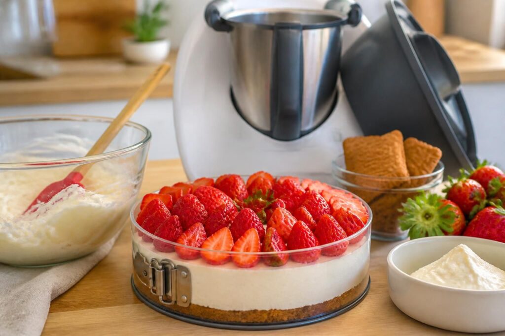 découvrez notre recette facile de cheesecake spéculoos fraise sans cuisson, à base de mascarpone et réalisée au thermomix, pour un dessert gourmand et rapide.