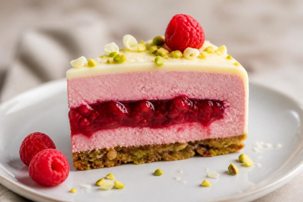 découvrez des idées gourmandes d'entremets framboise associant la douceur du chocolat blanc et le croquant de la pistache pour une explosion de saveurs irrésistible.