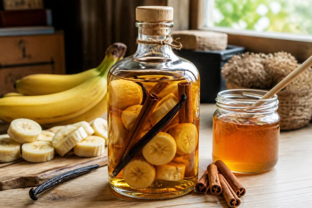 découvrez la recette facile et savoureuse du rhum arrangé banane vanille, sublimé avec du miel et de la cannelle pour une saveur exotique et douce.