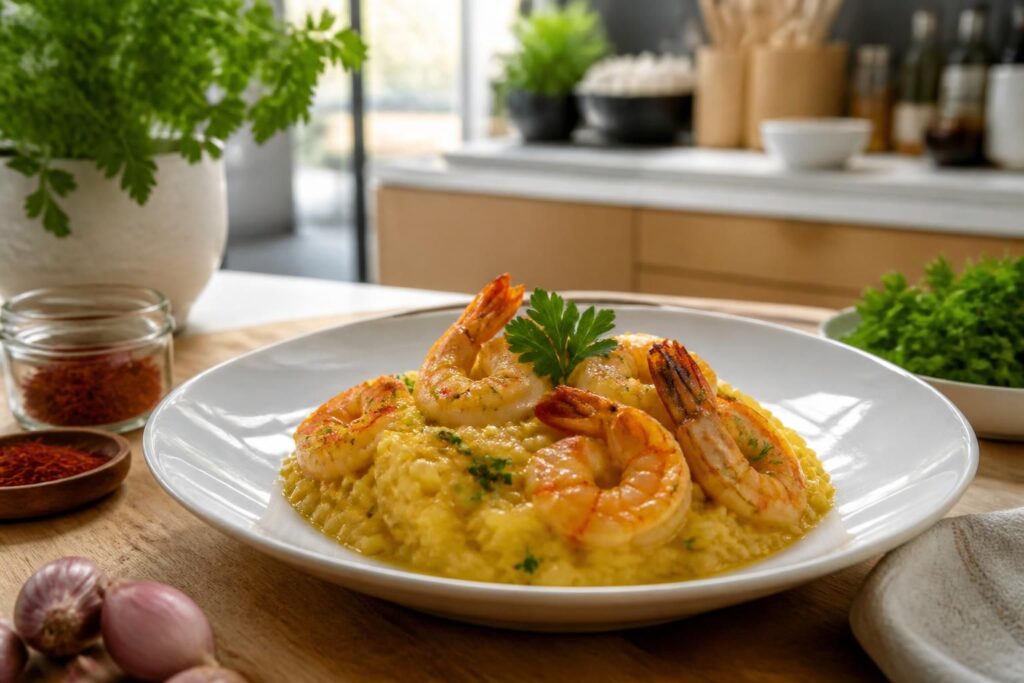 découvrez la recette gourmande du risotto aux gambas et safran à la manière de cyril lignac, un plat savoureux et élégant à réaliser facilement chez vous.