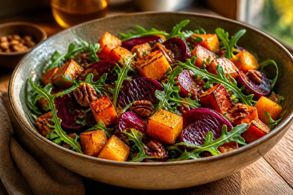 découvrez une salade automnale originale alliant la douceur du butternut, la rondeur de la patate douce et la couleur vive des betteraves rouges pour une explosion de saveurs et de vitamines.