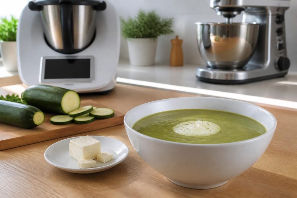 découvrez notre recette facile de soupe courgette au kiri, parfaite à réaliser avec un thermomix ou d'autres robots culinaires pour un repas savoureux et crémeux.