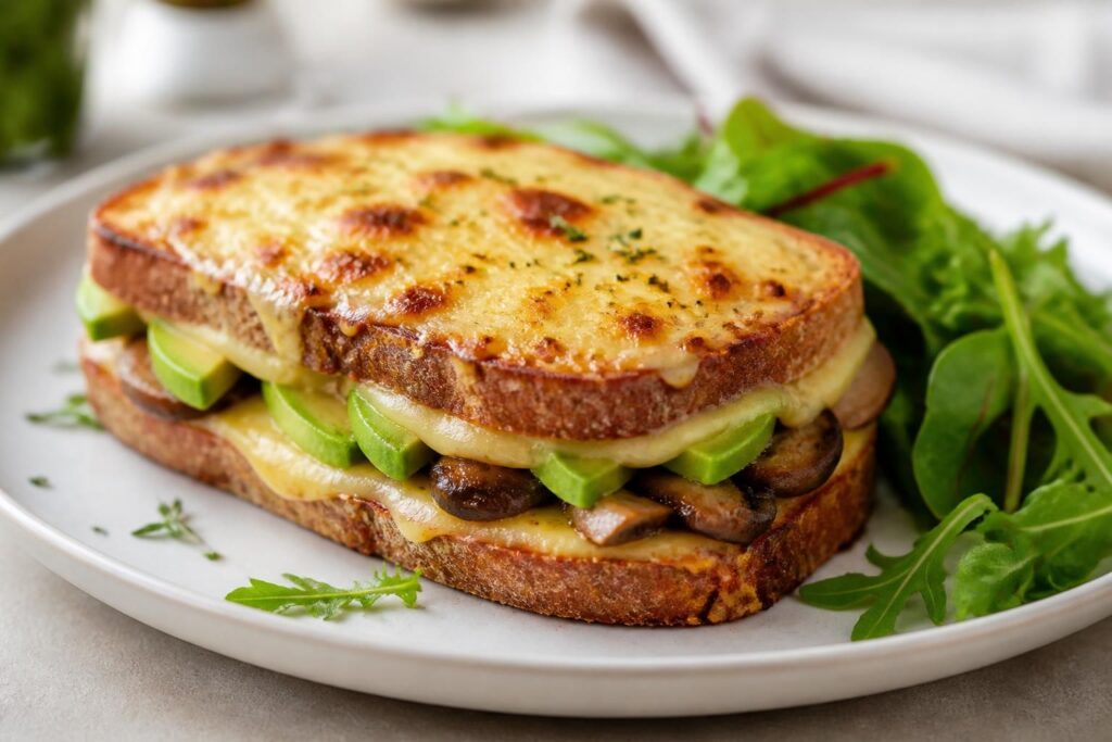 découvrez notre recette facile et savoureuse de croque monsieur vegan au four, garni d'avocat frais et de champignons fondants, pour un repas healthy et gourmand.