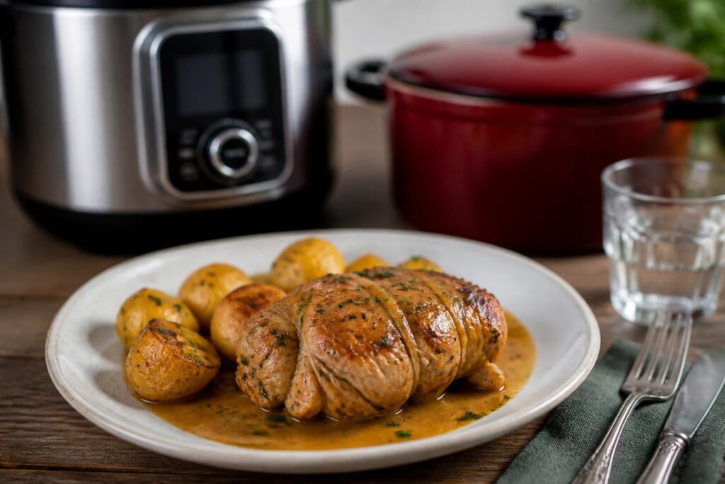découvrez une recette savoureuse de paupiette de veau accompagnée de pommes de terre, préparée facilement au cookeo ou à la cocotte minute pour un repas rapide et gourmand.