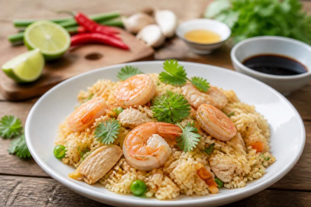 découvrez notre recette facile de riz frit thaï aux œufs, poulet ou crevettes, parfaite pour un repas savoureux et rapide à préparer.