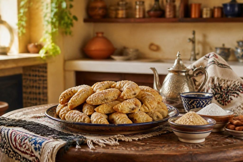 découvrez la recette traditionnelle des cornes de gazelle marocaines, un délicieux biscuit feuilleté aux amandes parfumé à la fleur d'oranger, parfait pour vos moments gourmands.