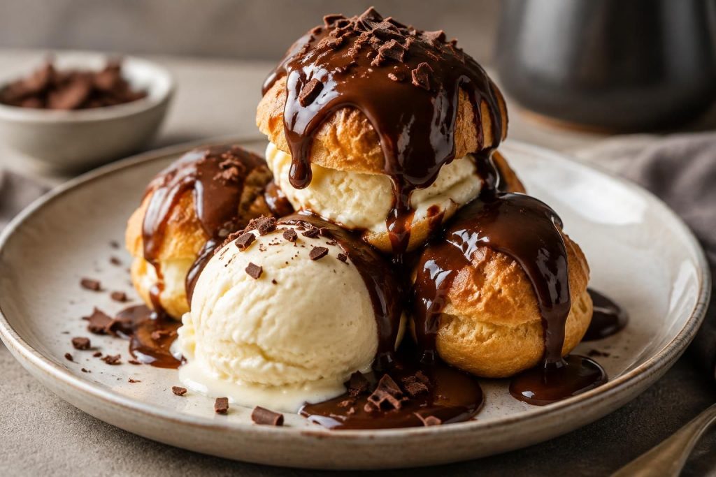 Recette des profiteroles au chocolat avec glace vanille et crème pâtissière