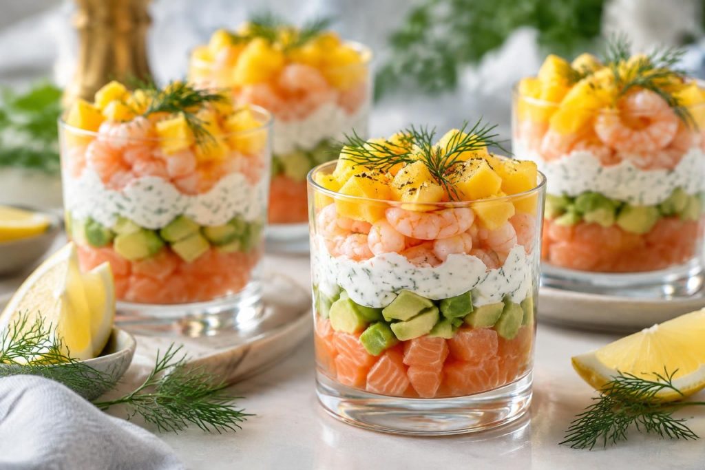 découvrez des recettes de verrines au saumon, avocat et fromage frais, agrémentées de crevettes et de mangue : des entrées fraîches, colorées et faciles à préparer.
