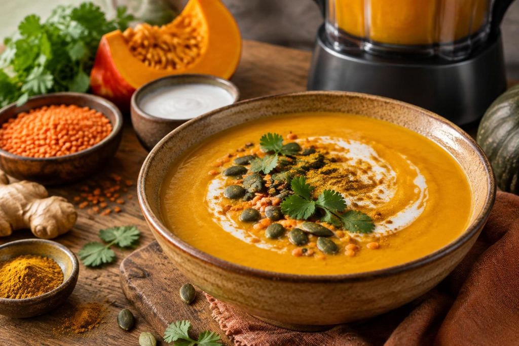 Soupe potimarron lait de coco au Thermomix ou blender avec curry et lentilles corail