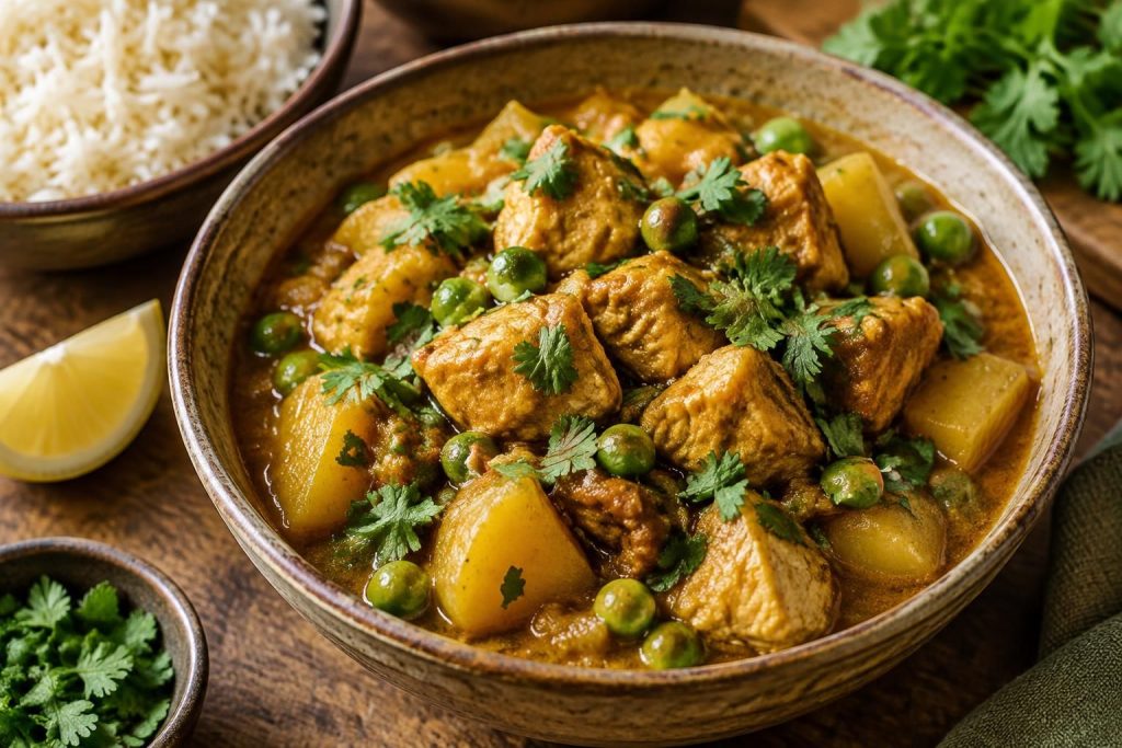 découvrez un curry de pommes de terre facile à l’indienne, relevé d’épices, de petits pois et de poulet pour un repas savoureux et réconfortant.