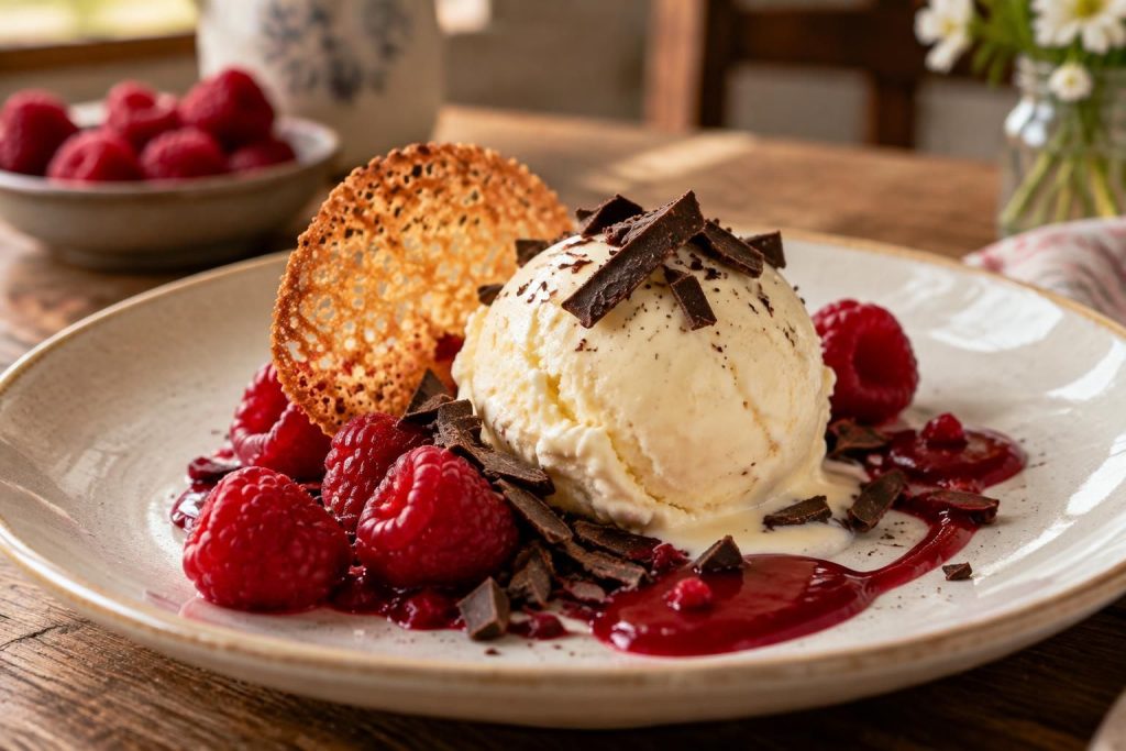 Dessert Picard : choix gourmand entre glace, framboise et chocolat