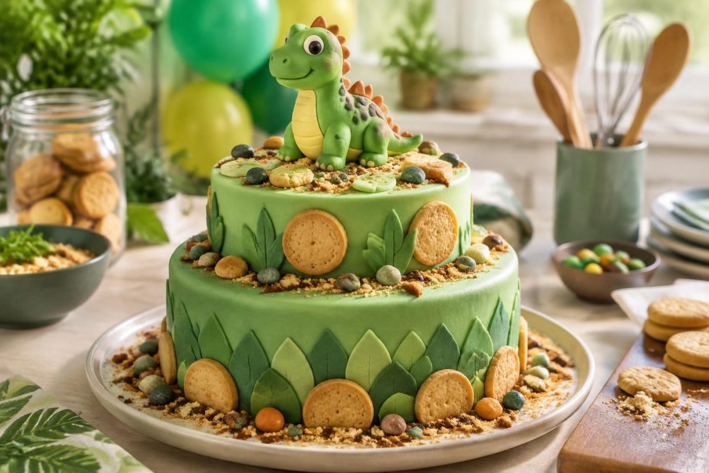 Gâteau dinosaure facile pour enfants avec biscuits et pâte à sucre