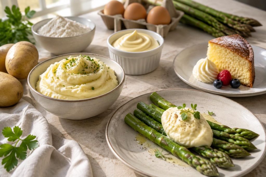 Mousseline recettes salées et sucrées : purée, asperge, mayonnaise et gâteau
