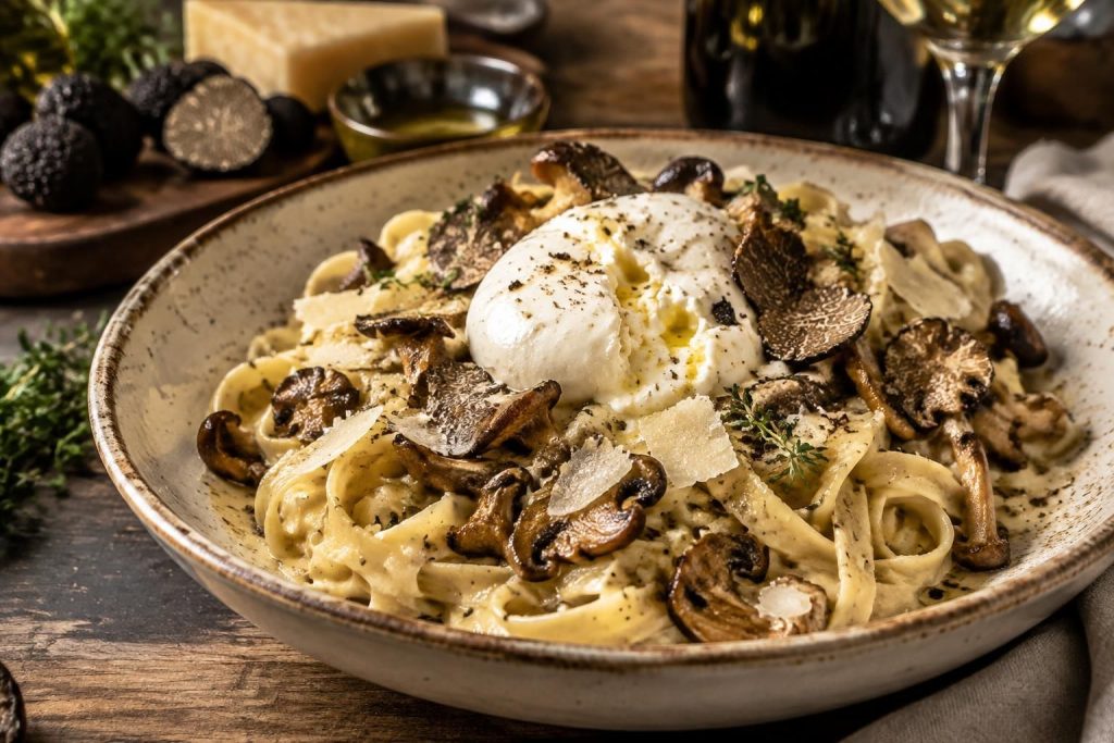 Pâtes truffes recettes gourmandes avec parmesan, champignons et burrata