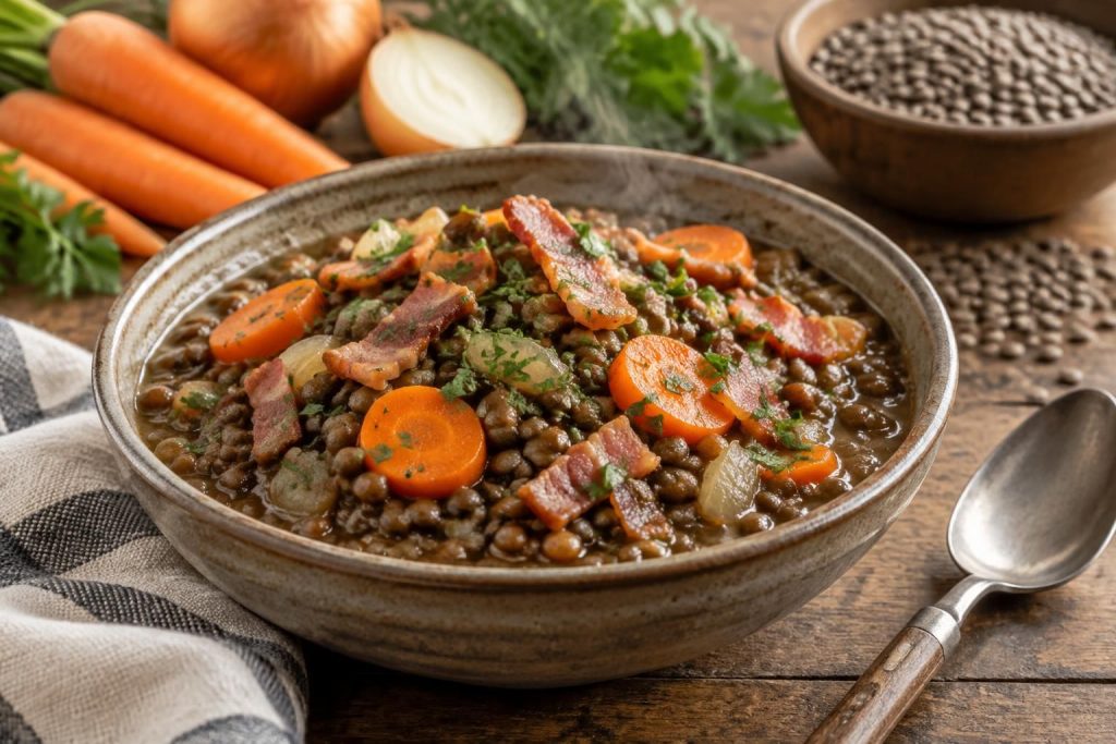 Recette lentilles lardons carottes oignons adaptée pour Thermomix, Cookeo et cocotte minute